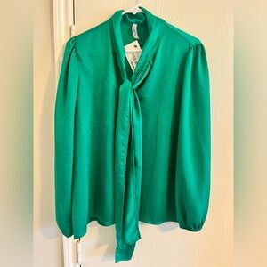 Jade Green Bow Tie Neck Long Sleeve Satin Blouse M